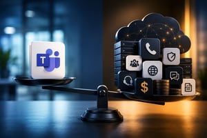 3D illustration of a balance scale comparing Microsoft Teams Calling with a stack of infrastructure, licenses, and cloud costs.