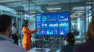 Business leader presenting customer engagement analytics dashboard showing $1M metric insights to team in office meeting.
