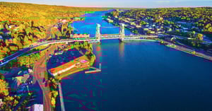 Aerial View of Portage Lake Lift Bridge at Sunset, Houghton Michigan 