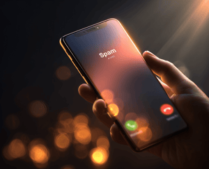 Smartphone displaying an incoming call marked as “Spam,” held in a hand with warm bokeh lights in the background.