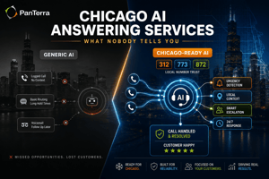 PanTerra graphic comparing generic AI answering services with Chicago-ready AI answering services using local 312, 773, and 872 area codes.