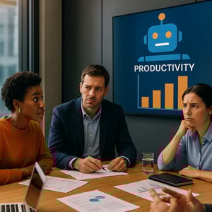 Team of professionals debating AI tools in an office, reflecting the challenges and promises of workplace productivity.