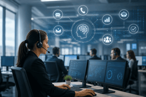 Contact center agent using AI-powered tools, analytics, and real-time dashboards to deliver personalized customer support in a modern digital workplace. 