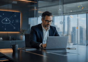 PanTerra Networks cover image showing a CEO researching 8x8 alternatives on a laptop in a modern meeting room 