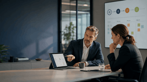 Two business professionals in a modern meeting room discussing a CRM decision while reviewing dashboard data on a laptop and presentation screen.
