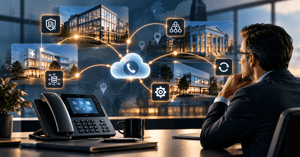Business leader evaluates a secure cloud phone system connecting healthcare and financial locations across multiple sites