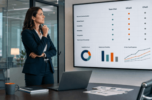 Female CEO in a modern meeting room analyzing a business communications comparison chart on a large screen with a laptop, reports, and PanTerra-inspired brand accents. 