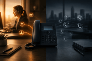 Cinematic office scene with a business desk phone, warm vs. cool lighting highlighting answered and missed calls, showing the value of always-on AI call handling