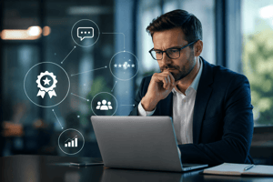 Business professional analyzing UCaaS platform data on a laptop, with review, rating, user, communication, and performance icons in a modern office.