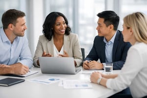 Business professionals collaborating during a modern office meeting focused on communication and continuity planning.