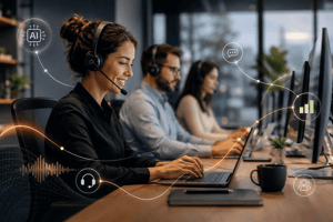 Customer service team using AI-powered unified communications and contact center software in a modern office environment. 